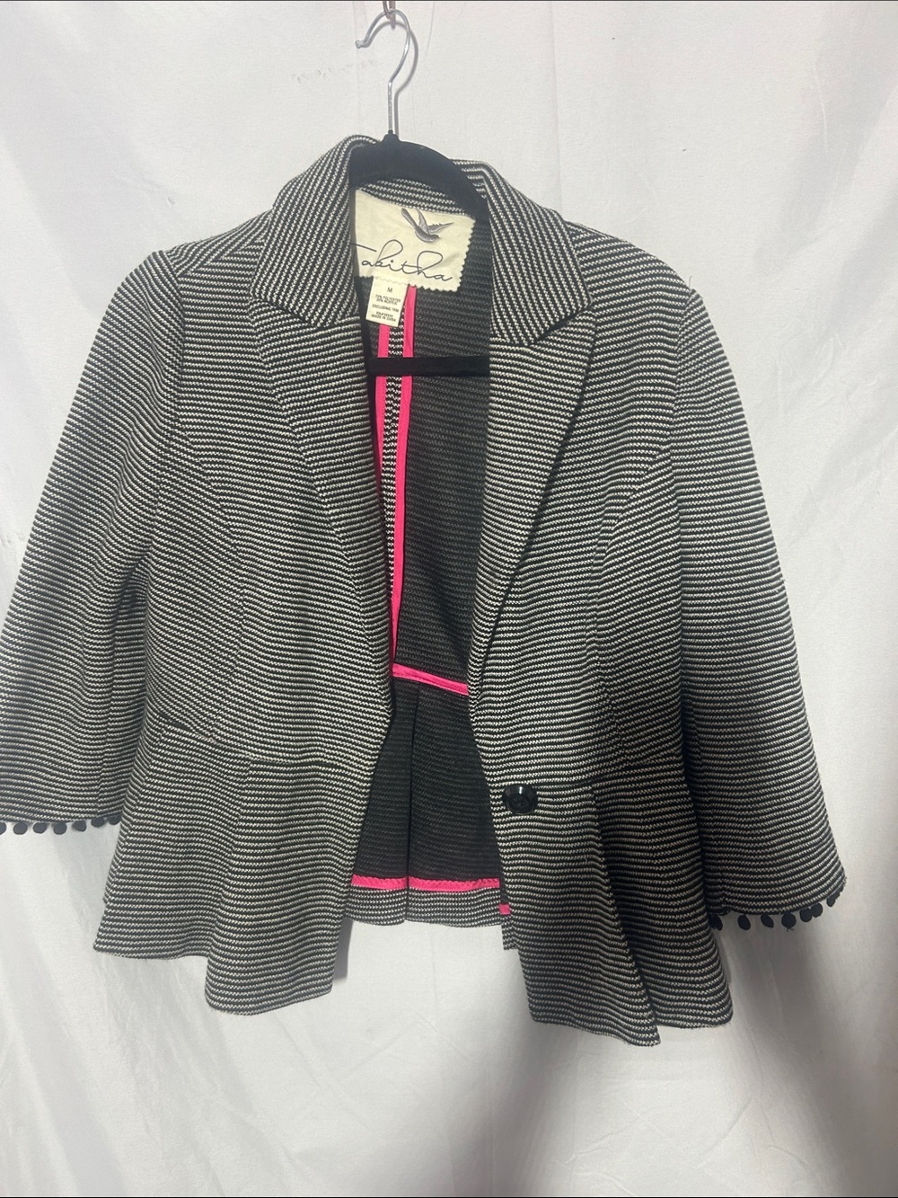 Tabitha Black & White Striped Peplum Blazer with Pink Trim